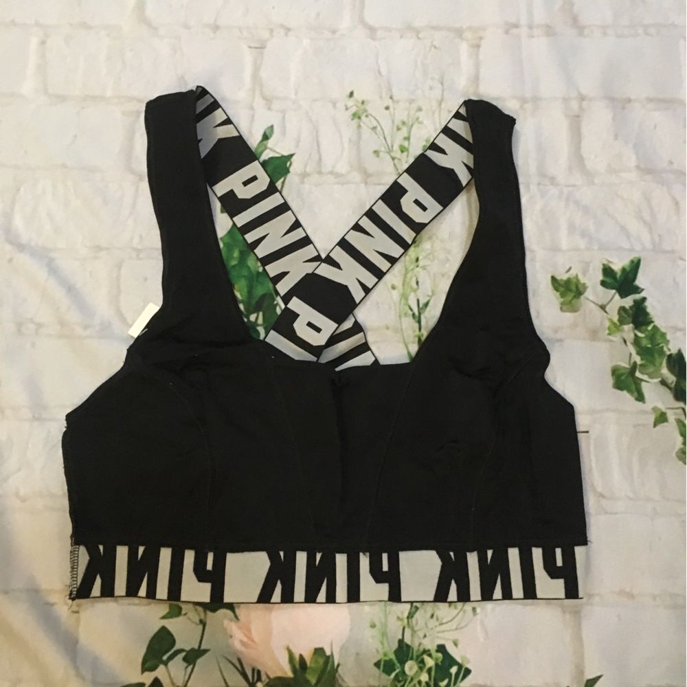 Victoria’s Secret Pink Black sports bra logo elastic band black white nwt